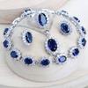 Женские комплекты свадебных украшений из серебра 925 пробы, синий цирконий, костюм, ювелирные изделия, свадебное ожерелье, серьги, кольца, браслеты, комплект с подвеской