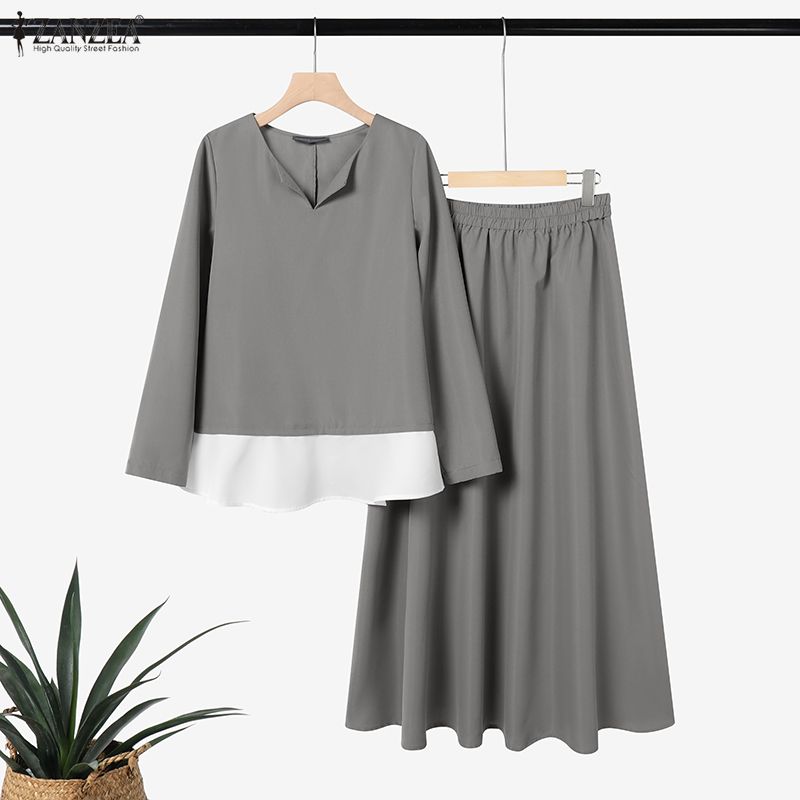 ZANZEA Женская блузка с длинным рукавом и длинные юбки, повседневные костюмы-двойки