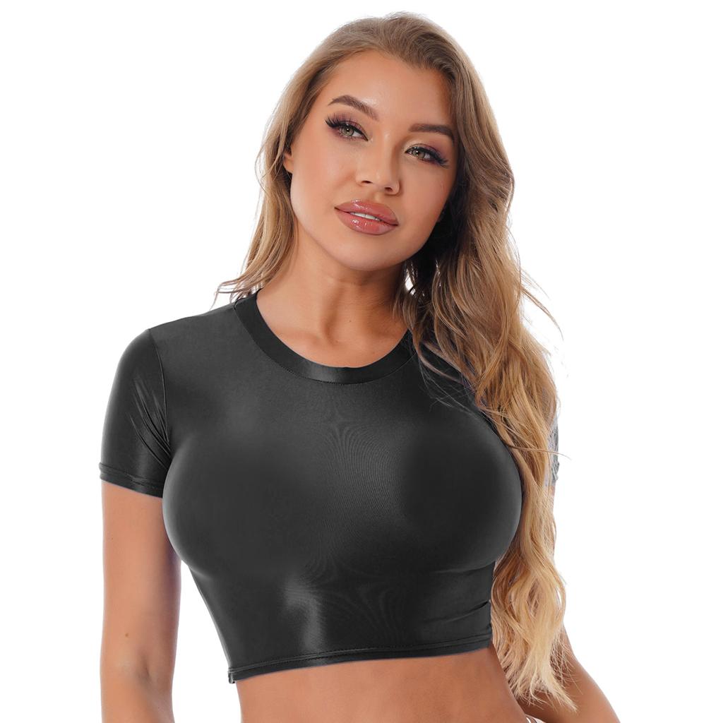 Women’s Sexy Metallic Crop Top Short Sleeves Tank Top Bustier for Dance Club Rave