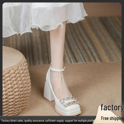 Туфли Мэри Джейн на платформе и высоком каблуке с квадратным носком и пряжкой со стразами для женщин, Весна и Осень 2024.