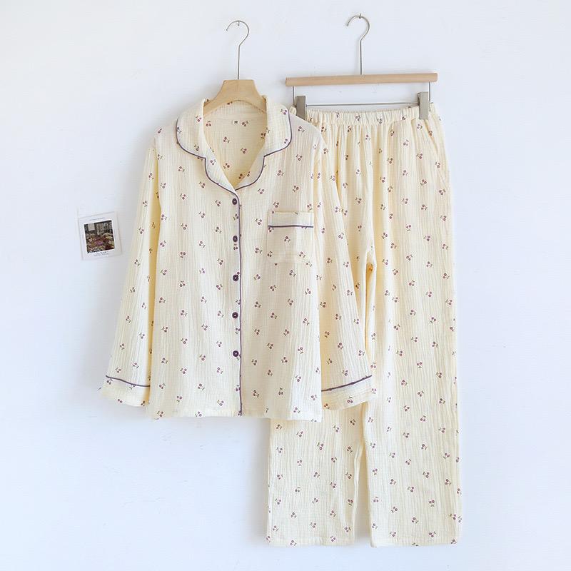 100% хлопок женская пижама осень весна с длинным рукавом мягкая пижама с принтом вишни женский домашний ночной комплект кардиган