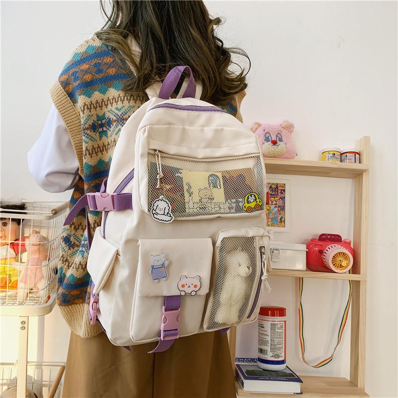 Buckle Badge School Backpack Candy Color Fashion Cute Schoolbag Shoulder Student Bag Teenage Girls College Backpack