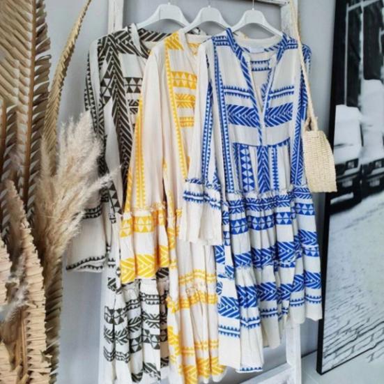 Women's Summer Pleated Short Dress Ruffled 3/4 Sleeve V Neck Button Up Mini Dress Boho Loose Flowy Beach Sundress