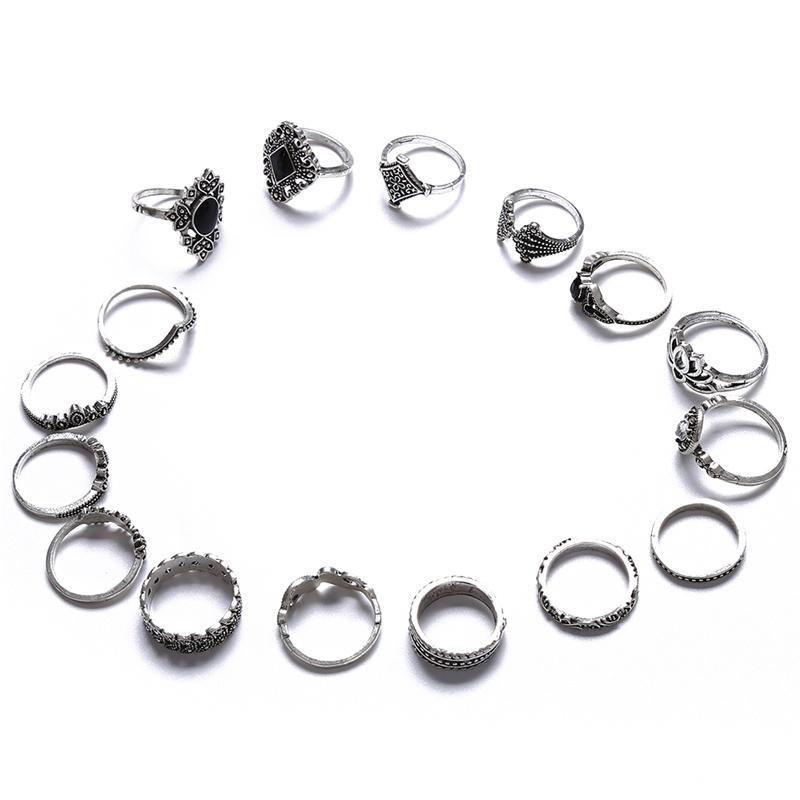 Серебро 15 шт. / Набор старинных панк-цветок резьба мини-кольцо на палец для женщин в богемном стиле