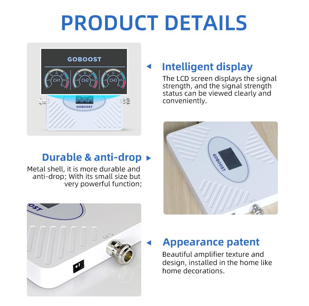 GOBOOST Новый модернизированный трехдиапазонный усилитель сигнала с высоким коэффициентом усиления 70 дБ 2G + 3G + 4G Усилитель сотовой связи 850 900 1800 2100 МГц Ретранслятор мобильной сети с комплектом антенны