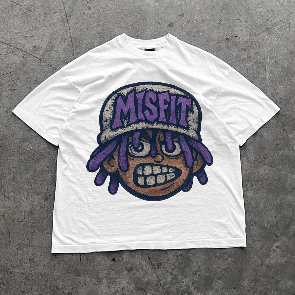 MISFIT Streetwear Graphic Tee | Urban Cartoon Rap T-Shirt | Grunge Trap Aesthetic Oversized Shirt | Purple Dreadhead T-Shirt