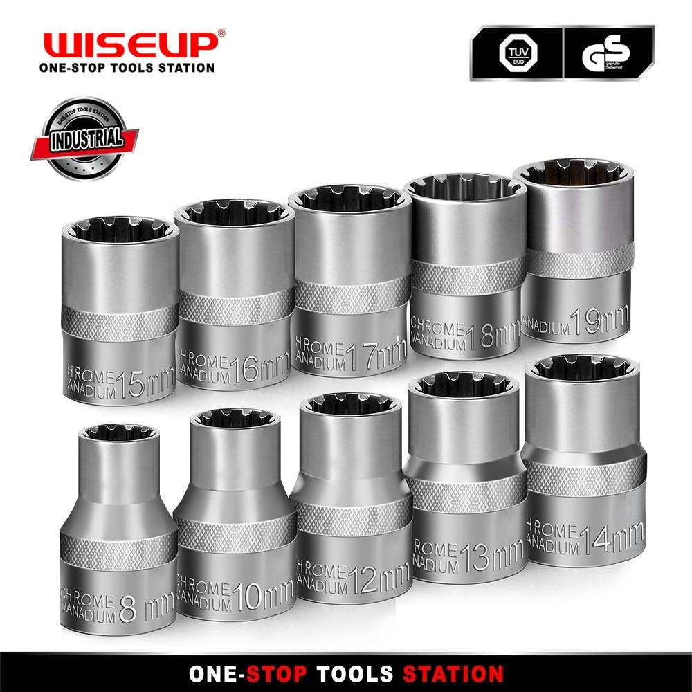 WISEUP 10шт 1/2"; Набор универсальных шлицевых головок Drive, 12-точечная головка Cr-V для ремонта автомобилей, наборы ручных инструментов, метрические 8-19 мм