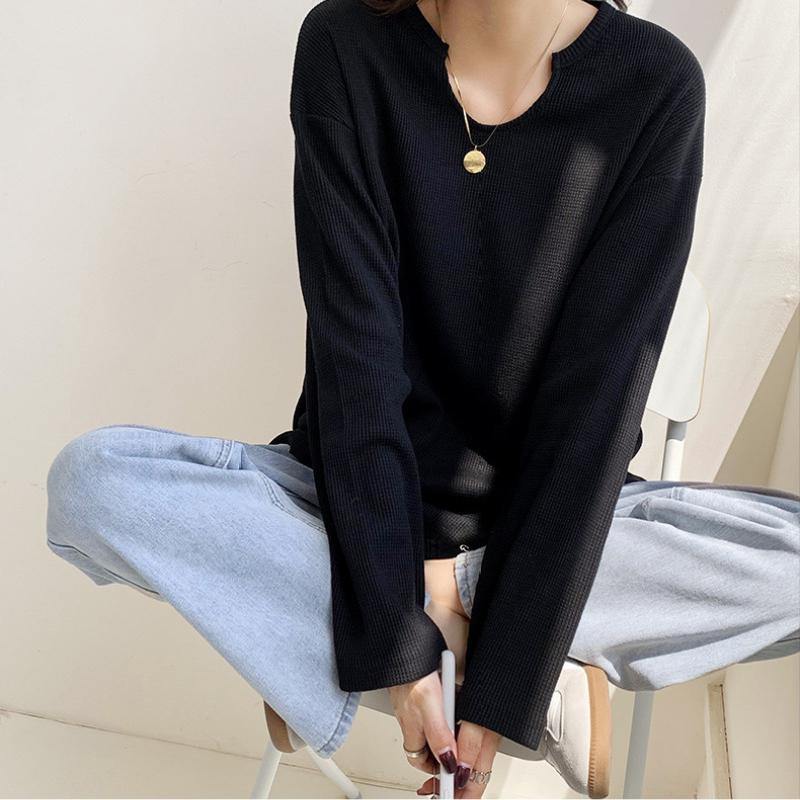 Повседневные свободные женские футболки в вафельную клетку, весна-лето, хлопковые женские футболки с длинными рукавами и v-образным вырезом, топы