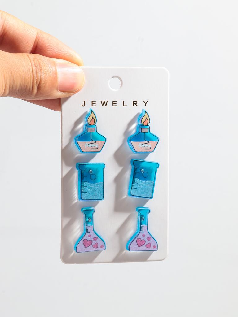 3pairs Small Laser Acrylic Laboratory Beaker Stud Earrings for Women Cute Measuring Cup Spirit Lamp Earring Trend Jewelry Gift