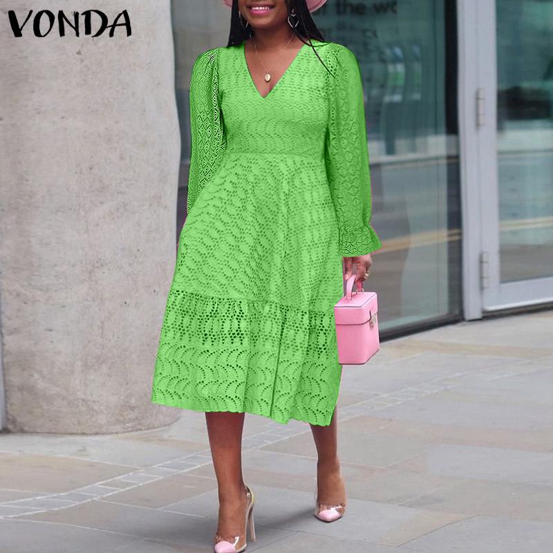 VONDA Women Plus Size V-Neck Bubble Long Sleeve Lace Dresses