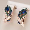 Golden Hollow Feather Dangle Earrings Black Plated Blue Green Zircon Women Statement Jewelry Party Accessories