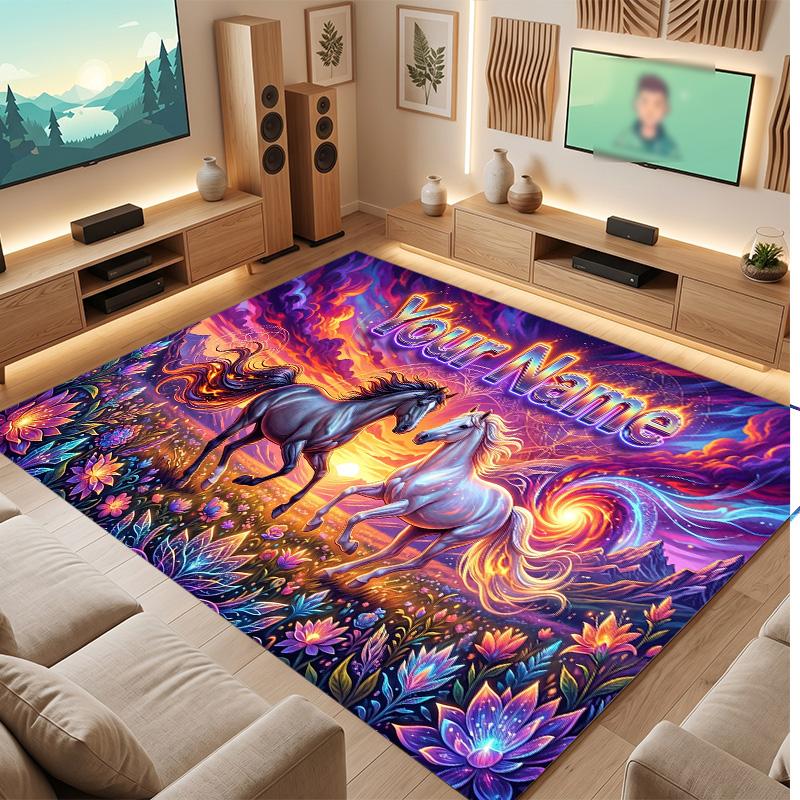 Horse Theme Soft Crystal Velvet Rug Custom Name & Text Print Non Slip Floor Rug for Bedroom Living Room
