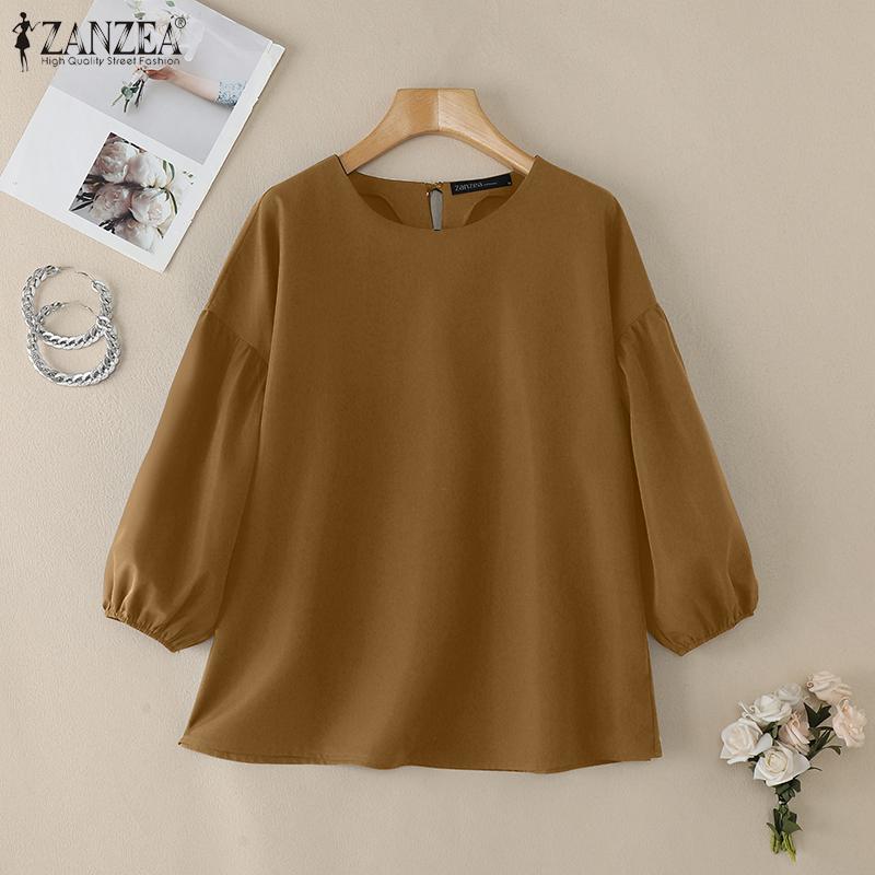 ZANZEA Женская повседневная блузка свободного кроя с рукавом 3/4 и круглым вырезом