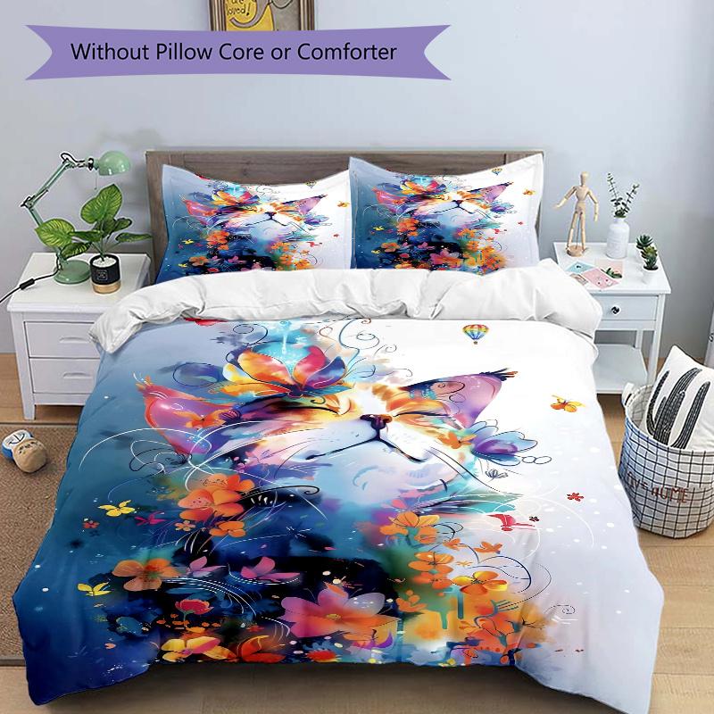 3pcs Colorful Elements Cat Pattern Bedding Set, 1* Cover + 2*Pillowcases, Printed Bedding Set, Soft and Comfortable, Suitable for Bedroom an