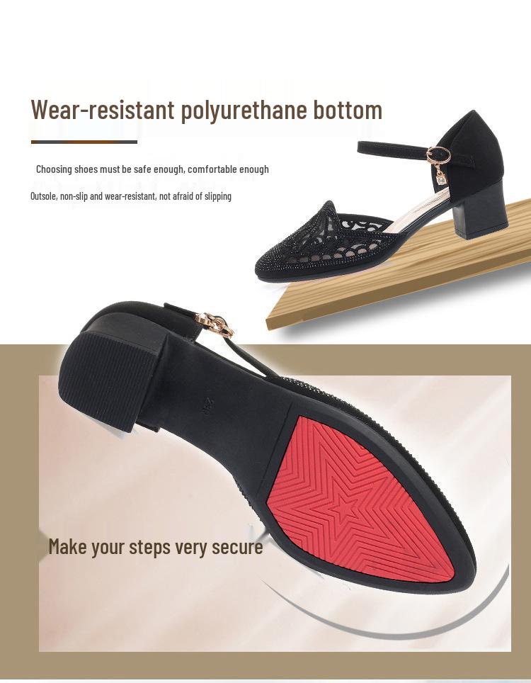 Gold Chunky Heel Mesh Sandals for Women - 2022 Summer Style, One-Strap, Hollowed Design for Middle-Aged Women