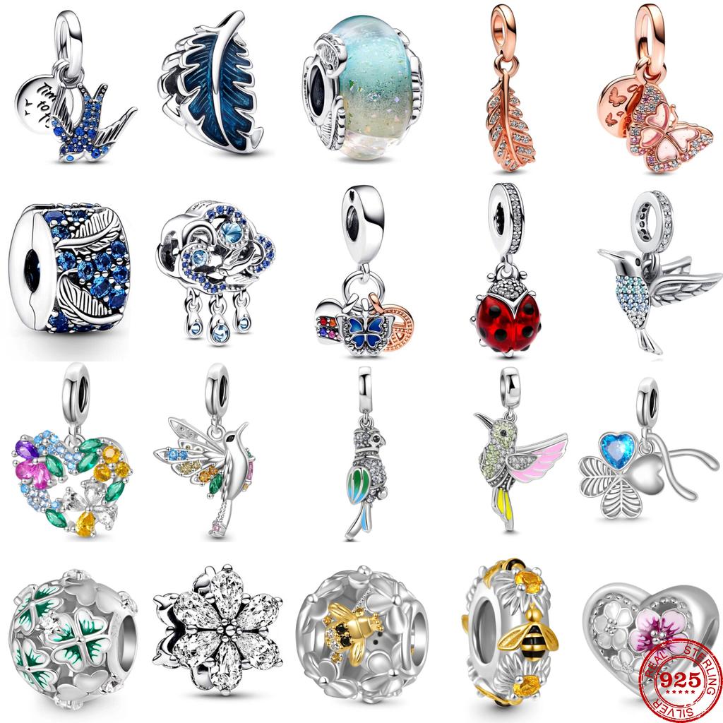 New 925 Sterling Silver Hummingbird Swallow Leaf Spring Charms For Temperament Bracelet &Necklace Valentines