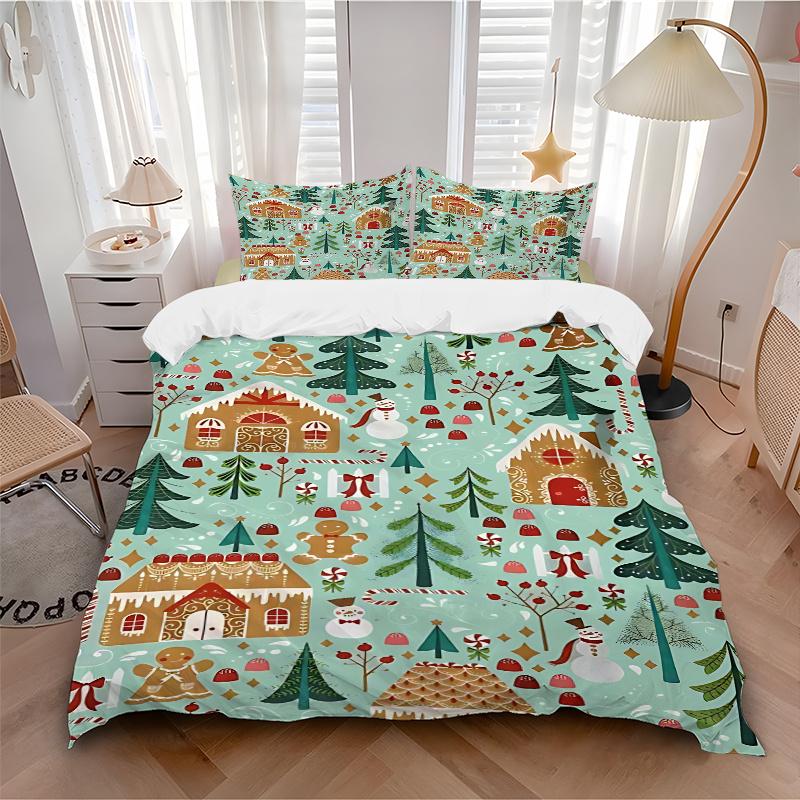 3pcs Christmas Holiday Gift, Gingerbread House Bedding Set with 1 Quilt Cover and 2 Pillowcases (No Core), Festive Decorative Polyester Fabric