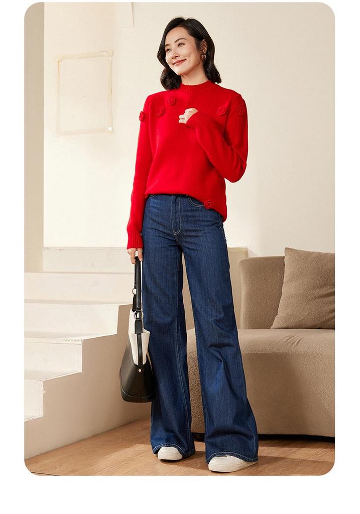 Women's Hand-Sewn 100% Pure Wool Sweater - Golden Camel Loose Knitwear, Autumn/Winter 2024, Round Neck Base Layer.