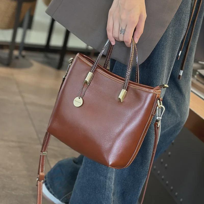 Женская ретро-сумка через плечо из натуральной кожи - модная сумка-ведро из коровьей кожи растительного дубления