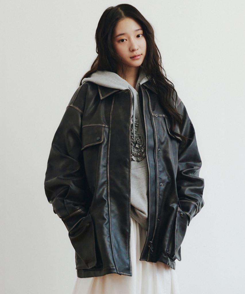Celitails Washed Leather Field Jacket_Black