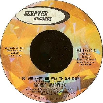 7-дюймовая пластинка DIONNE WARWICK - Do You Know The Way To San José / L SCE12216 Scepter Records 1968 США Soul/Funk Б/у