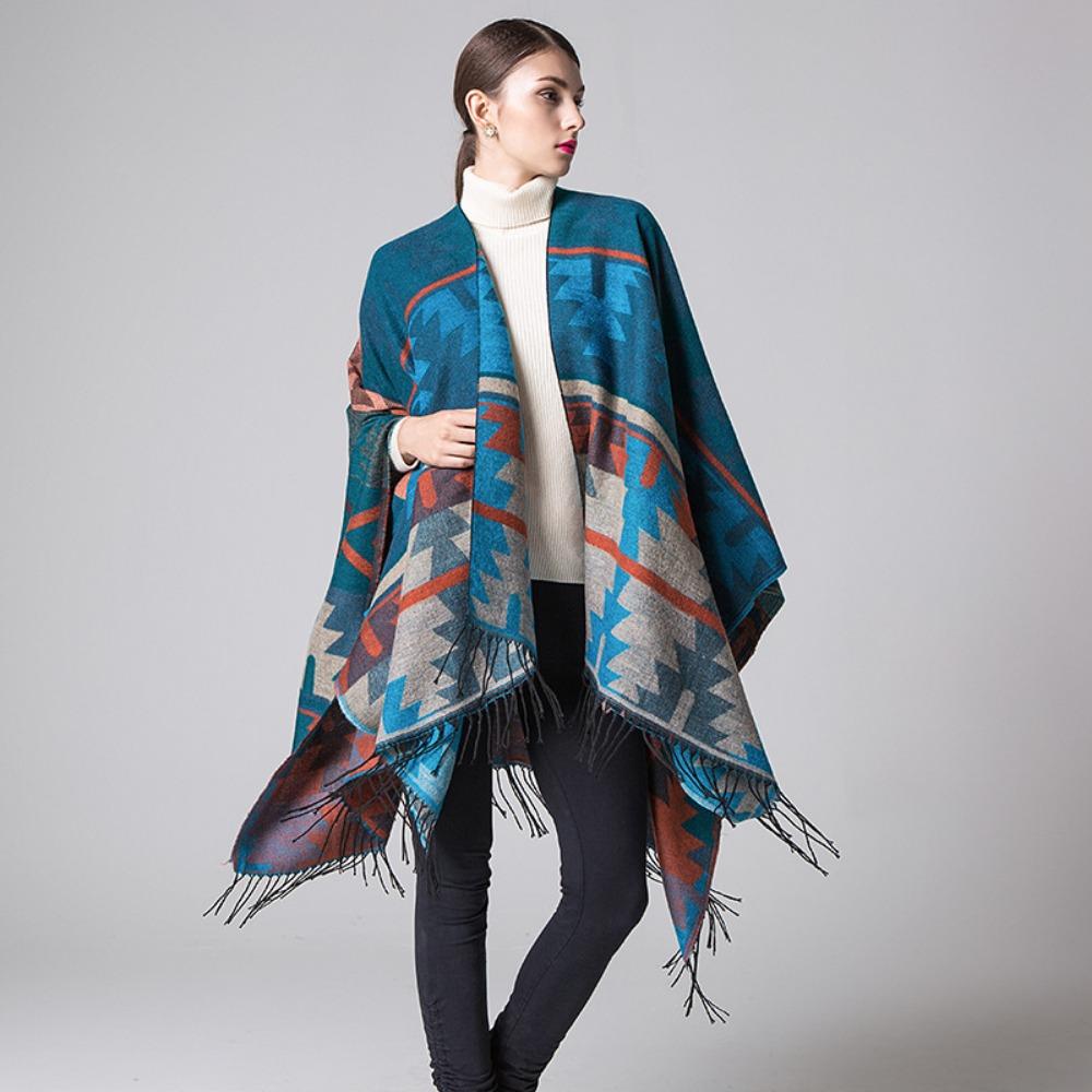 DX Indian Geometric Rhombus Lengthened and Thickened Imitation Cashmere Explosion Ethnic Style Travel Split Shawl Cape