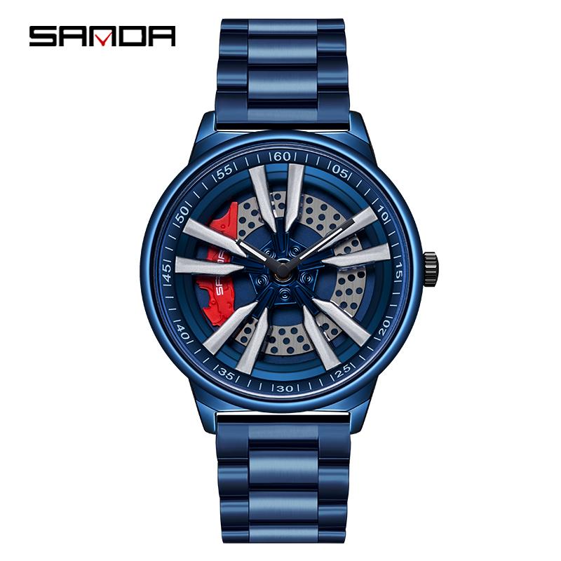 SANDA Top Men Spinning Sun Car Rim Wristwatch 360° Rotating Wheel Rim Dial Watches Stainless Steel Waterproof Sport Quartz Clock