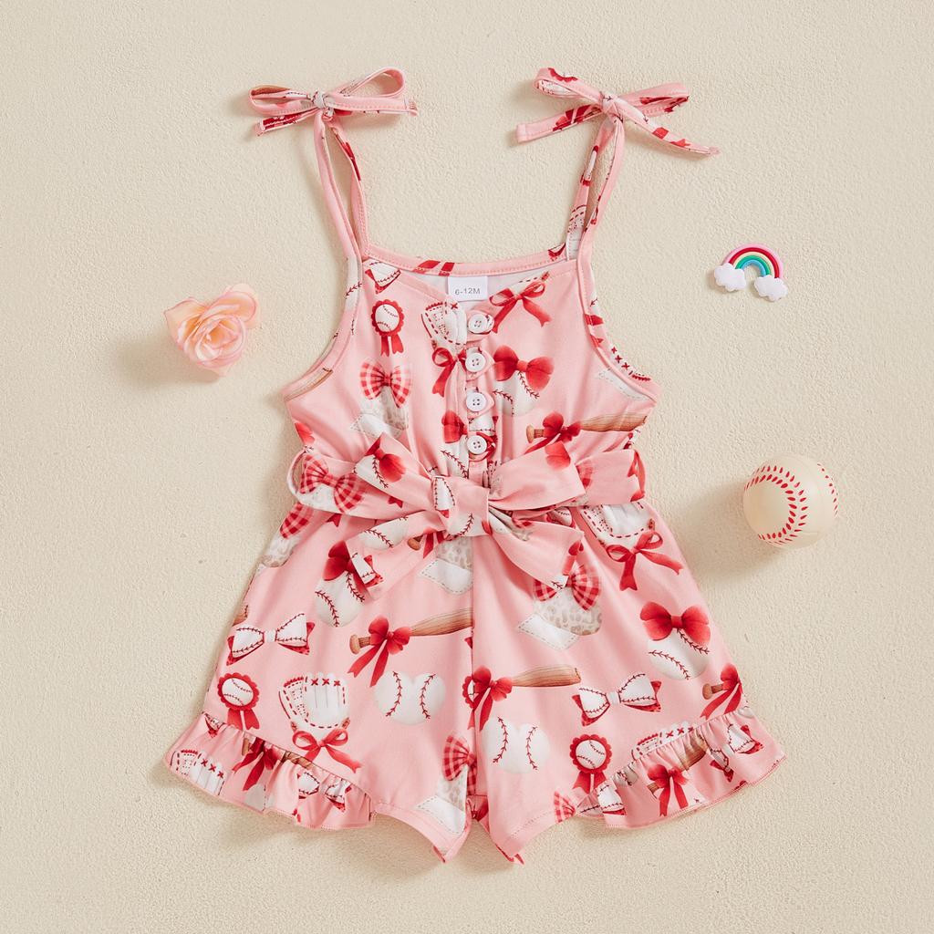 Летний комбинезон для девочек, шорты, бейсбольный принт, без рукавов, на тонких бретельках, с оборками, с поясом