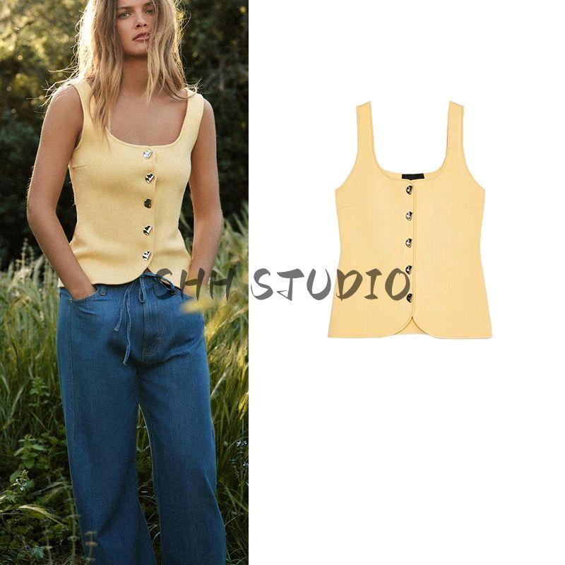 Spring and Summer New Women's Clothing Metal Button Decoration Plain Stitch Corset Round Neck Shoulder Strap Tops 5536038