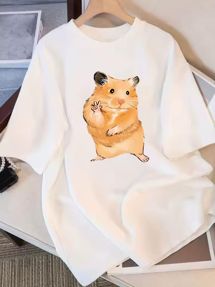 2026 Women Cute Hamster Graphic T-Shirt Casual Crew Neck Short Sleeve T-Shirt Summer Series Hamster Gift Graphic T Shirts Summer