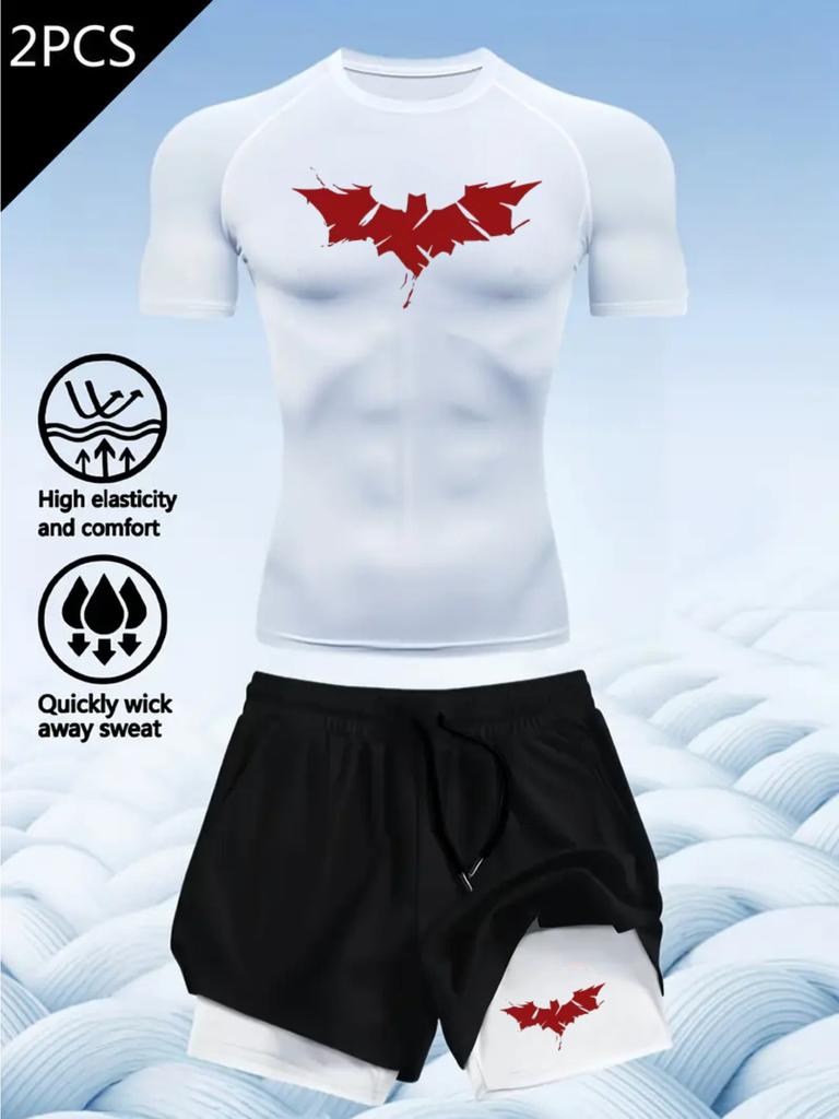 2D printed T-shirt men's summer two-piece sportswear running T-shirt elastic quick-drying sports top sports fitness shirt men's
