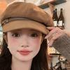 British Style Pu Leather Beret Belt Buckle Painter Hat Fashion Suede Octagonal Hat  Streetwear