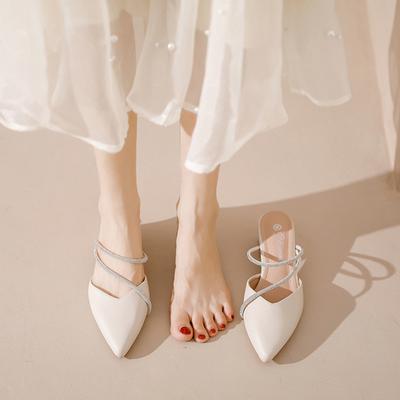 Модные сандалии с острым носком, кристальной узкой перемычкой, женские туфли-мюли на толстом высоком каблуке для улицы, летние, женские сандалии из блестящей кожи