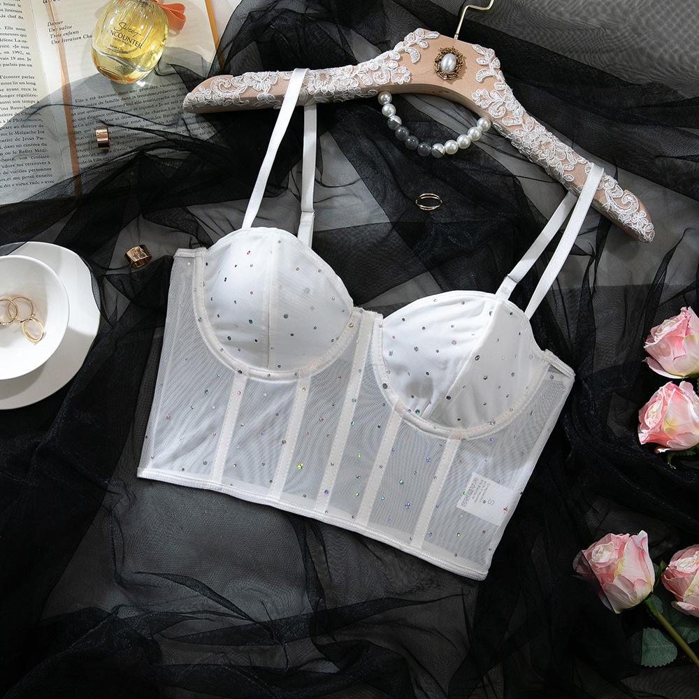 Sequined Fishbone Steel Ring Sexy Nightclub Crop Top