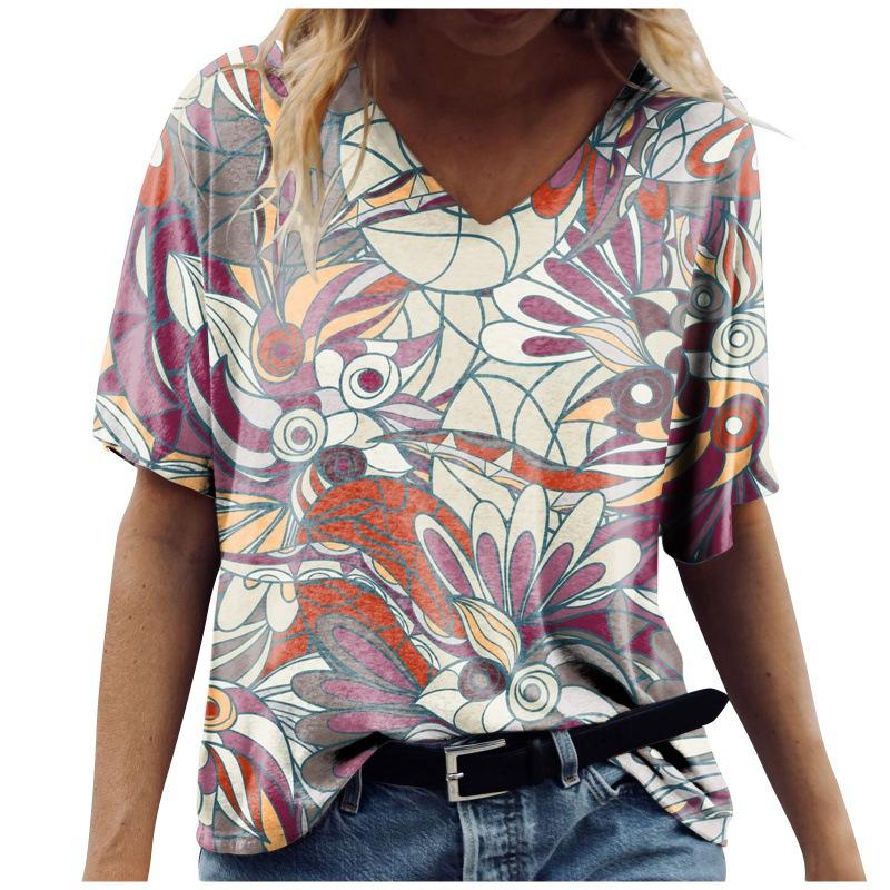 5XL летняя футболка большого размера с цветочным принтом, женская рубашка с коротким рукавом и 3D картой, модная повседневная женская рубашка с v-образным вырезом, свободный топ больших размеров 2021