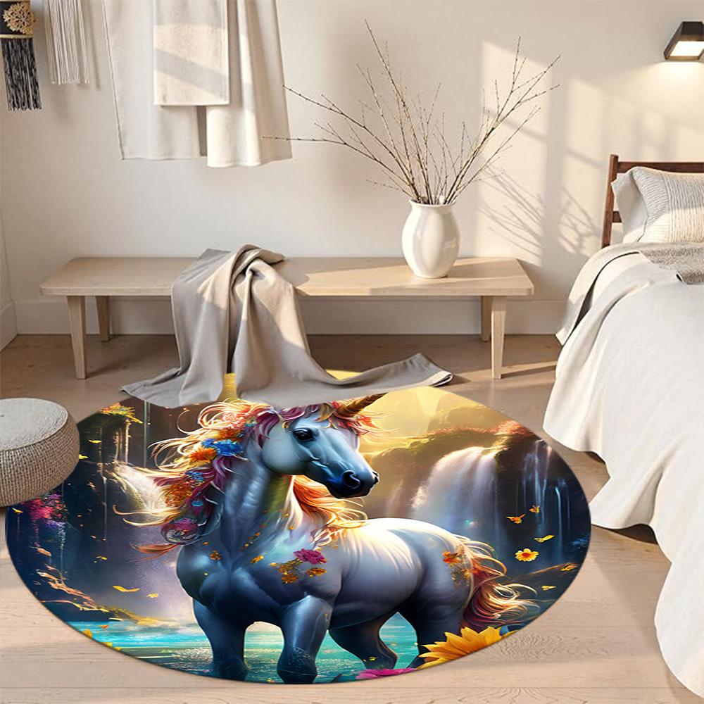 Unicorn Round Area Rug Suitable for Bedrooms Living Rooms Outdoor Hallway Antislip Round Carpet Anime Office Decor Gift for Festivals