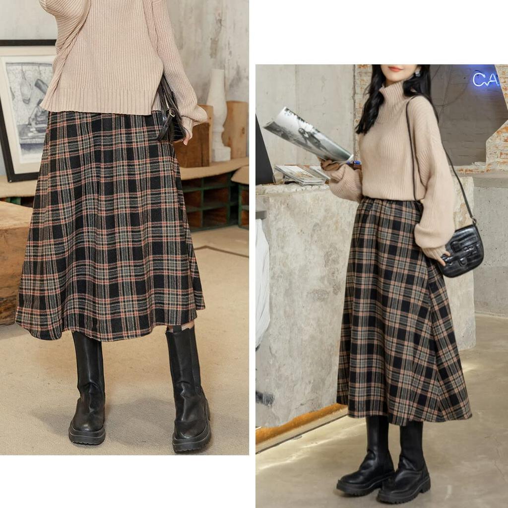 DAYCLOSET Long Flared Loose Check Elastic Pants 463 Beige x Women's Skirt, A-Line, Fit, Pattern, Waist, Spring/Autumn/Winter, (M, Black)