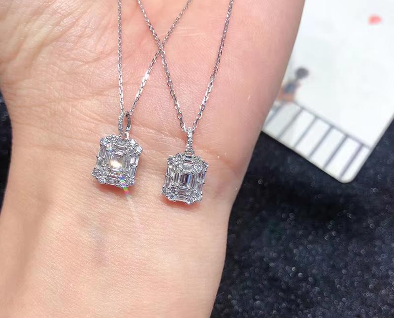 Fashionable Trendy Adult Engagement Wedding Anniversary Emerald Cut Diamond Necklace Pine-style Diamond Ring Custom 18K Solid