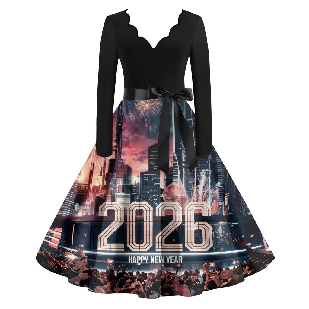 Женское повседневное модное платье винтажного стиля с V-образным вырезом и новогодним принтом