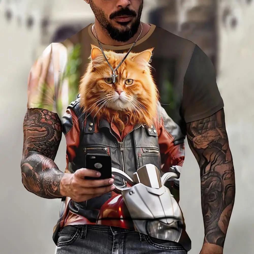 Мужская 3D-печатная футболка Милый рисунок кота Короткий рукав Круглый вырез Пуловер Повседневный топ