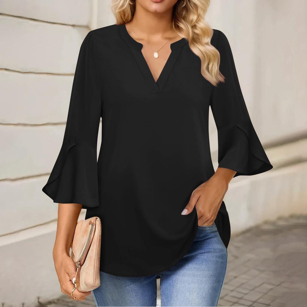 Женская рабочая рубашка с плиссировкой и рукавом 3/4, рубашка с V-образным вырезом, повседневная рубашка с завязками на талии, деловая рубашка