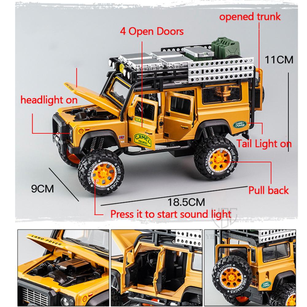 1:28 масштабов Camel Trophy Defender Литые игрушки из сплава Модели автомобилей, металлические игрушечные транспортные средства с функцией откатывания Коллекции света и звука Подарки