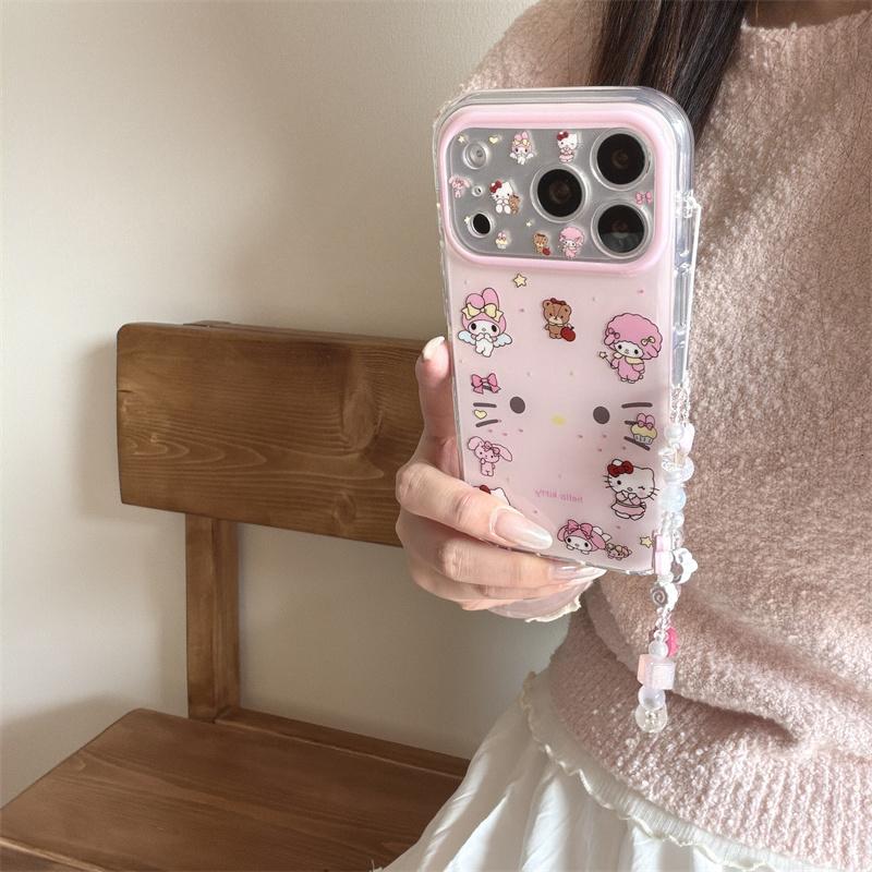 Новый розовый прозрачный чехол для телефона Hello Kitty My Melody с бусинной цепочкой для iPhone 14 15 16 17 Pro Max INS Милый противоударный чехол для девочек