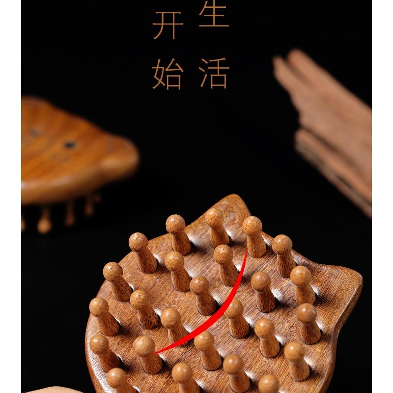 Sandalwood cat & bear massage meridian comb - long hair, full body use - scalp massage wide tooth comb