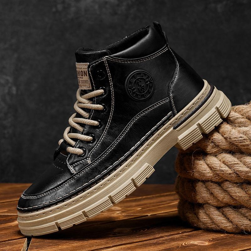 Men's High-top British Style Vintage Genuine Leather Casual Leather Shoes, Mid-top Waterproof Work Boots.