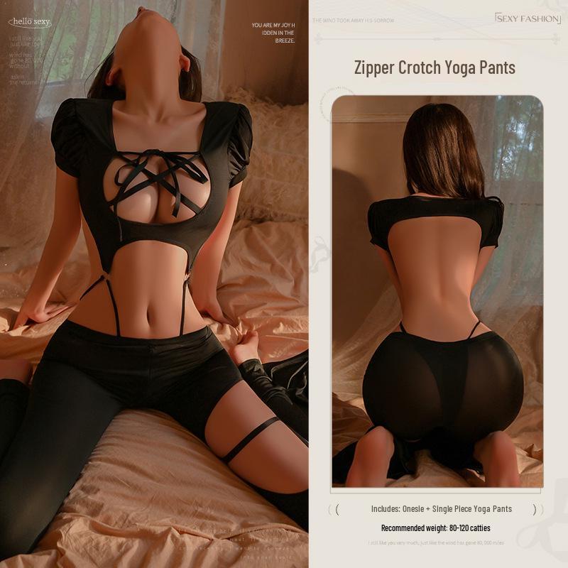 Man Yan Прозрачные брюки клеш для йоги с вырезами и молнией в области промежности 1226