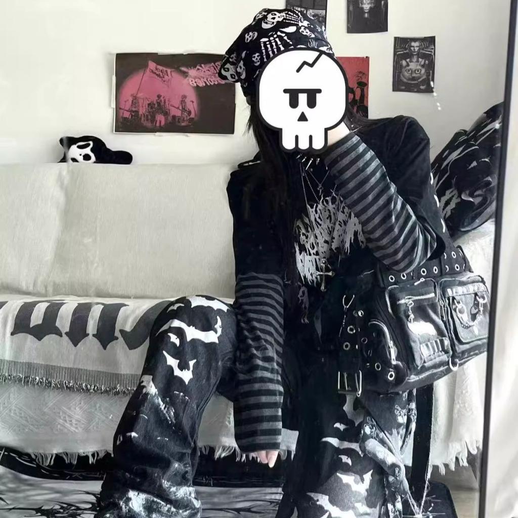 Поддельные футболки из двух частей в полоску в стиле пэчворк Y2k, эстетика, повседневная свободная футболка с принтом в стиле Харадзюку, готическая уличная женская футболка в стиле гранж