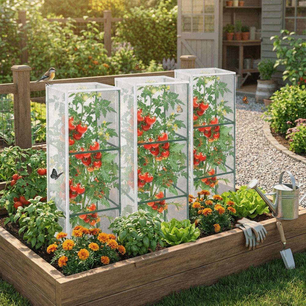 Fine Mesh Plant Netting Cover Breathable Tear Resistant Tomato Cage Cover Zipper Closure Square Shape Plant Protection Net