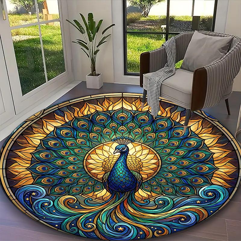1pc Ornate Peacock Radiance Printed Chair Rug for Home Office Use, Living Room Kitchen Game Room Round Carpet