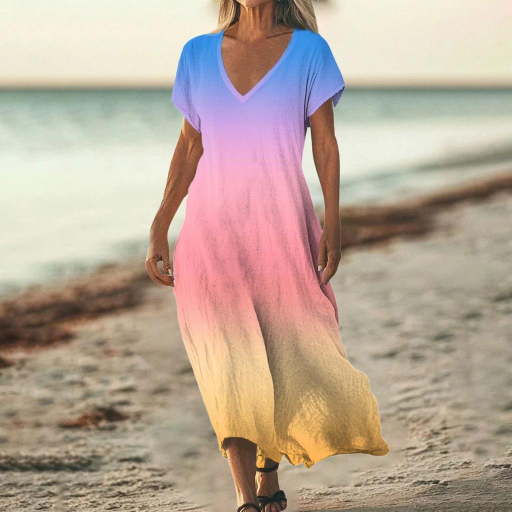 Women's Summer V-Neck Short Sleeve Cotton Linen Gradient Printed Loose Beach Dresses